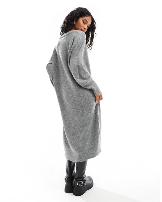 Vero Moda Gray Oversized Knitted V Neck Midi Dress