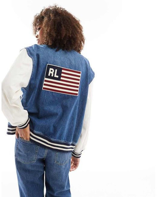 Polo Ralph Lauren Blue Denim Bomber Jacket With Flag Backprint