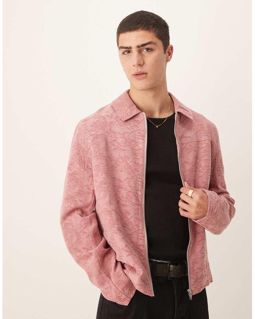 ASOS Pink Cropped Jacquard Harrington Jacket for men