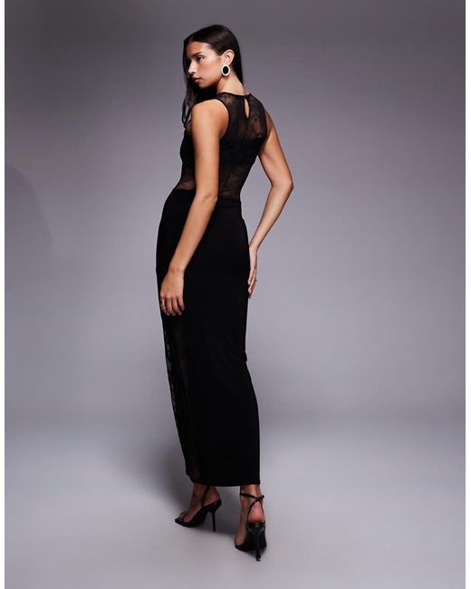 Kaiia Blue Exclusive Slinky Lace Sheer Lace Panel Detail Sleeveless Maxi Dress