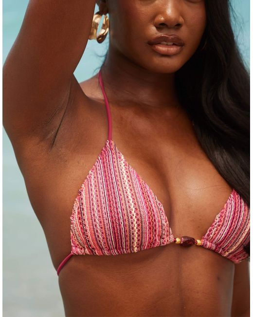 South Beach Pink Crochet Triangle Bikini Top With Bead Detail