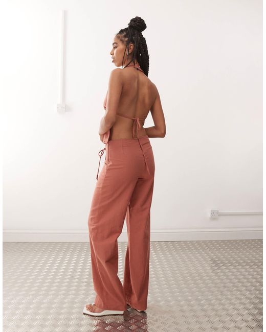 Motel Orange Cursa Sarong Overlay Bead Detail Linen Trousers