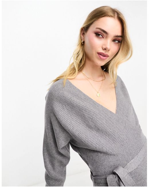 Vero Moda Gray Wrap Belted Long Sleeve Knitted Mini Dress