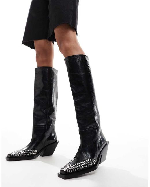 ASOS Black Cassie Premium Leather Western Knee Boots With Stud Detail