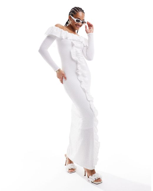 Pretty Lavish White Bardot Ruffle Midaxi Dress