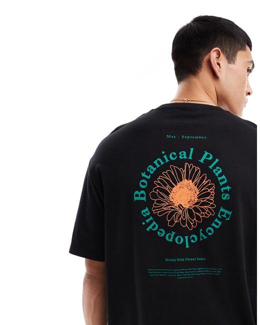Camiseta negra extragrande con estampado circular botánico en la espalda SELECTED de hombre de color Blue