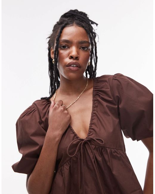 TOPSHOP Brown Poplin Puff Sleeve Top