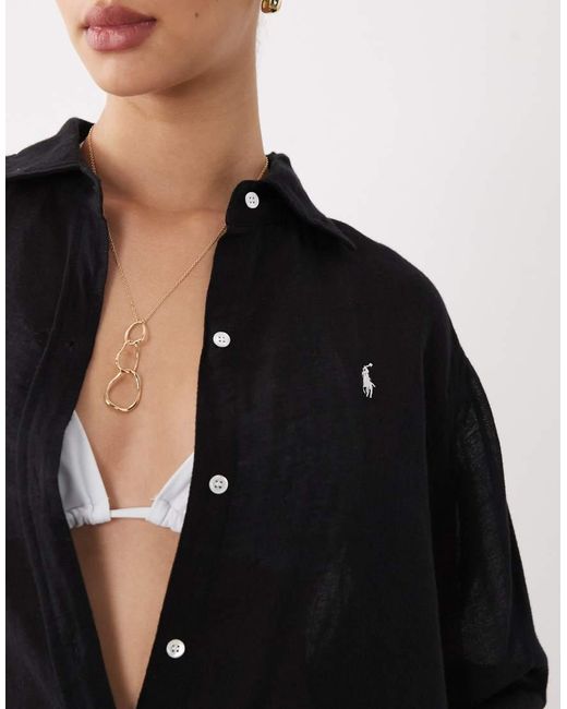 Polo Ralph Lauren Black Oversized Cotton Linen Boyfriend Shirt