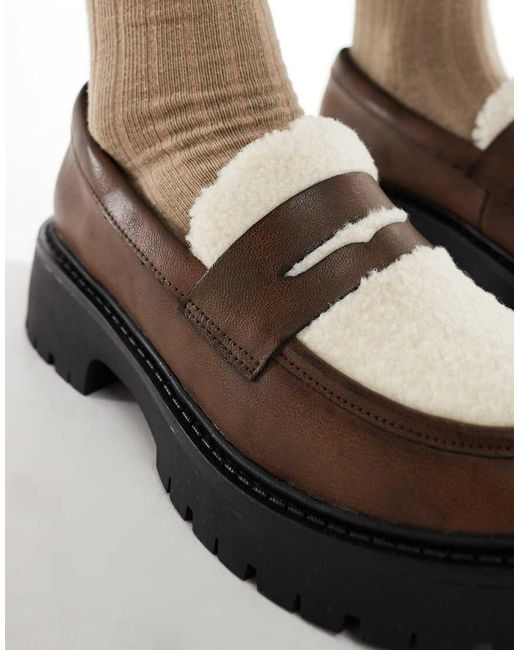 London Rebel Brown Olivia Contrast Teddy Fur Chunky Loafers