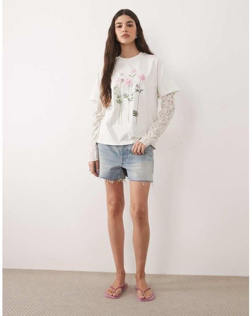Miss Selfridge White Oversized T-shirt With Lace Sleeve And Flower Print