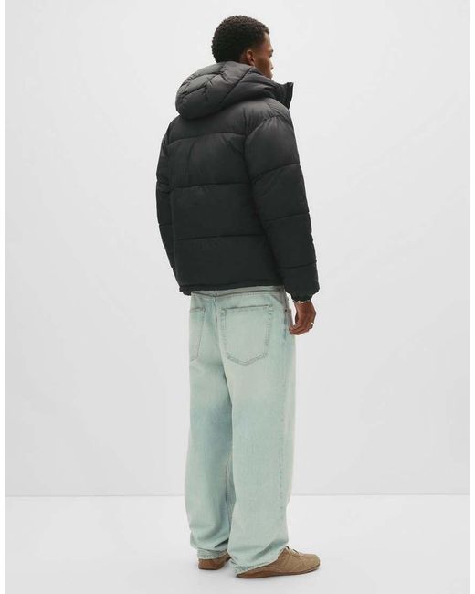 Pull&Bear Black Puffer Jacket With Hood for men