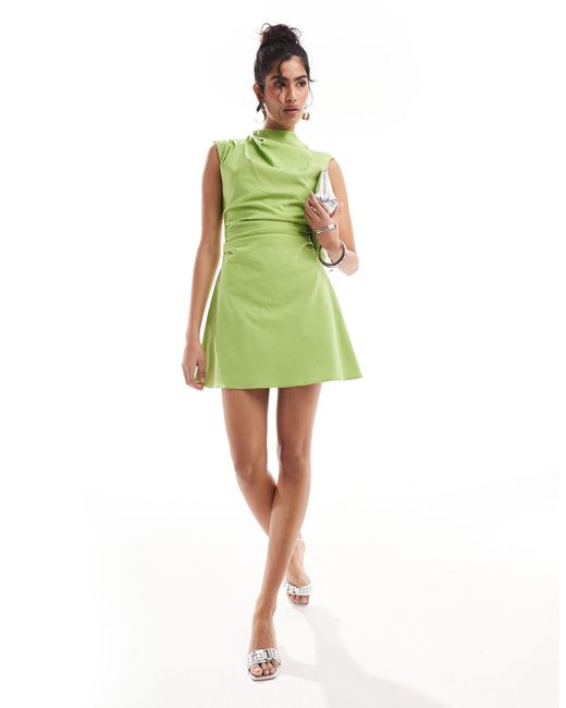 ASOS Green Bengaline High Neck Sleeveless Mini Dress With Ruching Detail