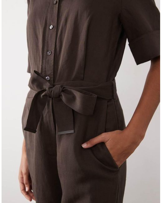 Mango Brown Linen Mix Belted Short Sleeve Jumpsuit