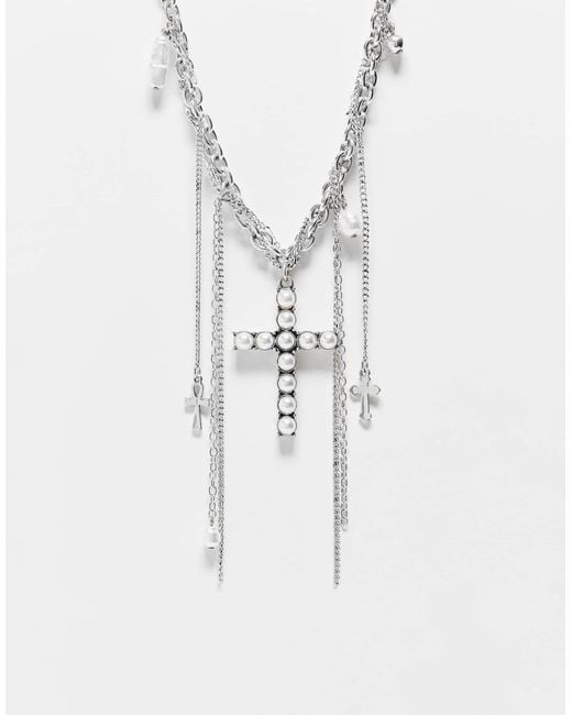 Reclaimed (vintage) White Unisex Layered Chain Festival Necklace With Pearl Cross