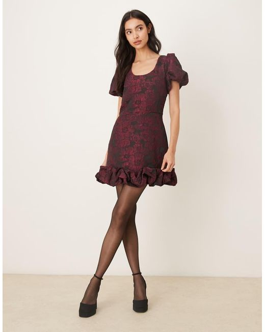 Sister Jane Purple Jacquard Puff Sleeve Scoop Neck Ruffle Hem Mini Dress