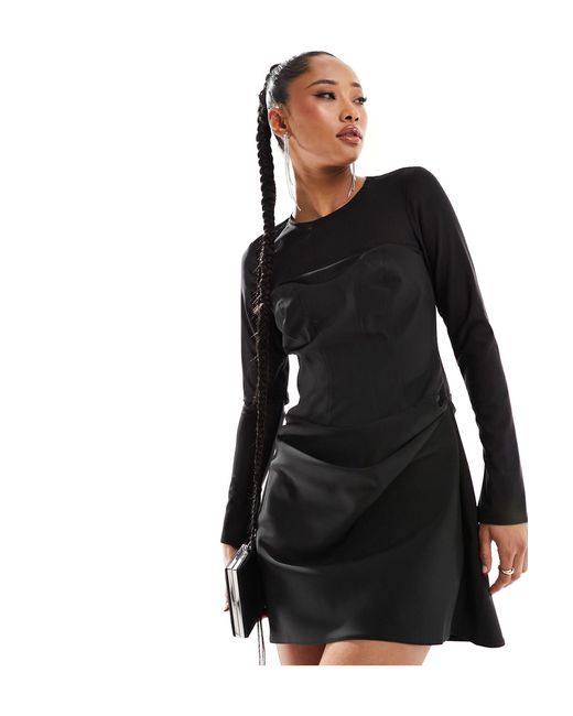 ASOS Black Corset Detail Mini Dress With Mesh Sleeves