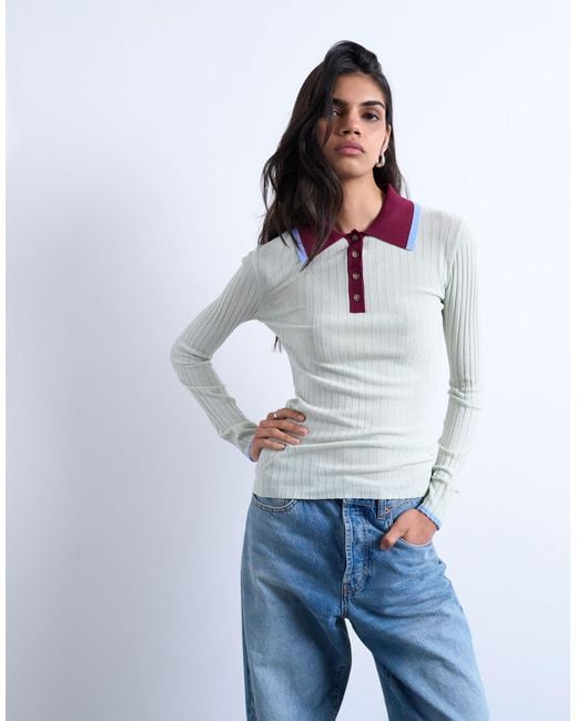 TOPSHOP White Knitted Contrast Collar Sheer Rib Polo