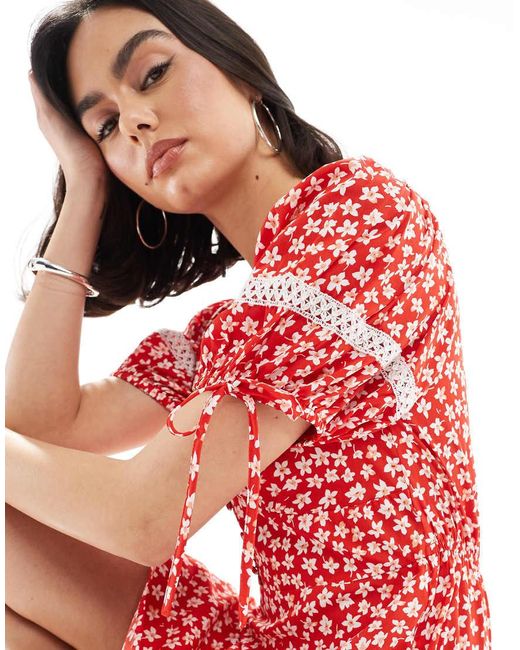 Wednesday's Girl Red Ditsy Floral Mini Tea Dress