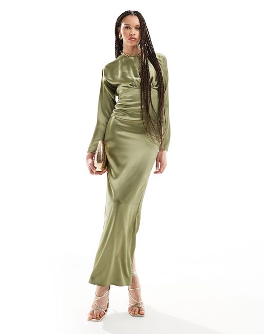 Flounce London Green Satin Maxi Dress With Kimono Sleeve