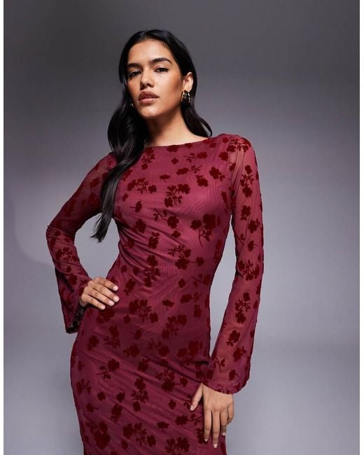 ASOS Red Floral Flock Maxi Dress With Flute Sleeve Detail