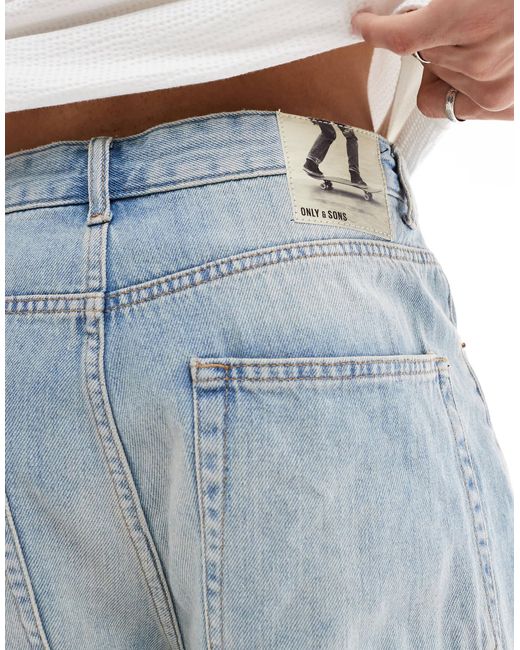 Only & Sons – baggy fit jeans-shorts in Blue für Herren