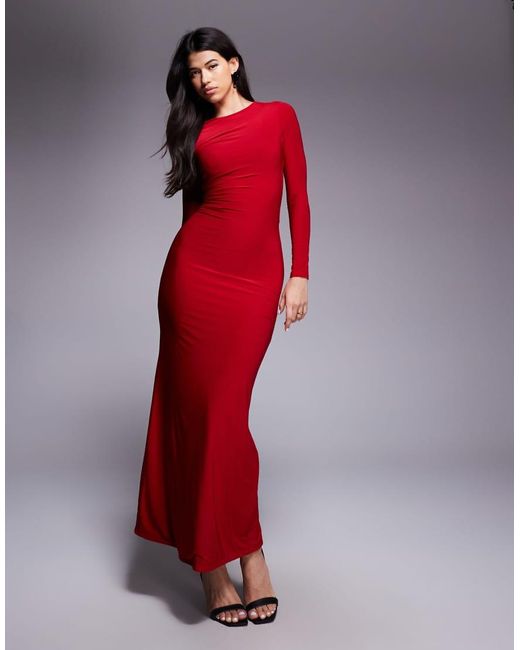 Kaiia Exclusive Double Layered Slinky Cut Out Back Detail Long Sleeve Maxi Dress