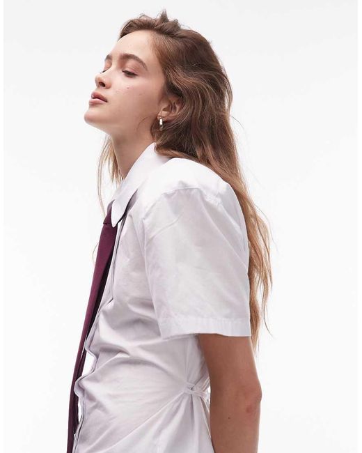 ASOS White Shoulder Pad Short Sleeve Shirt With Polka Dot Tie