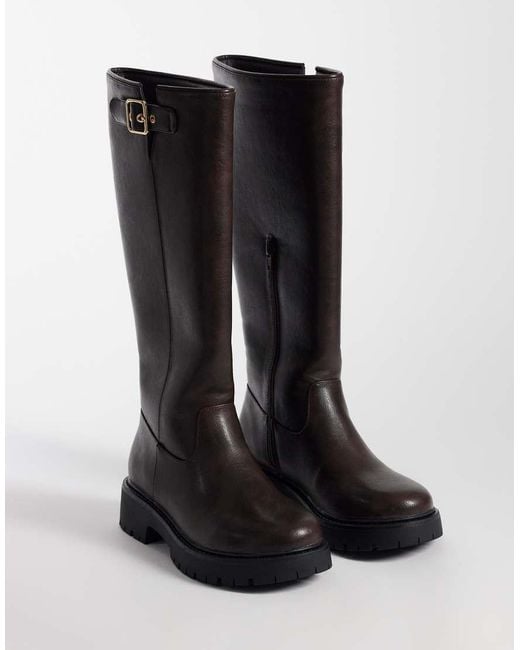London Rebel Black Trista Chunky Knee Boots With Buckle Details
