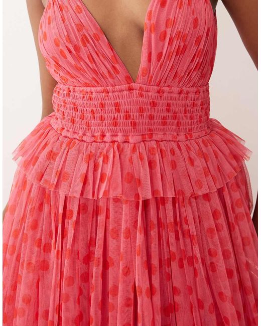 LACE & BEADS Pink Tulle Cami Plunge Tiered Maxi Dress