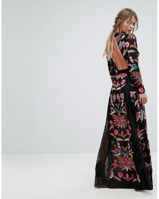 frock and frill black embroidered dress Frock and Frill Embroidered Maxi Dress With Lace Inserts in Black