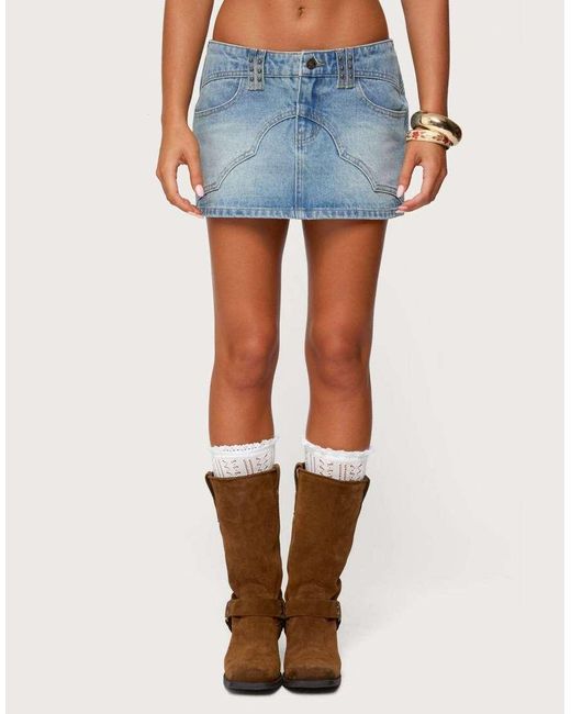 Edikted Blue Tory Western Denim Mini Skirt