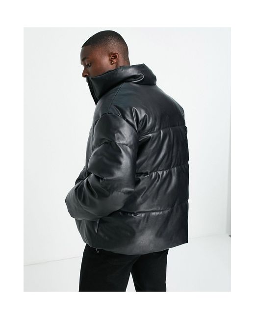 TOPMAN Faux Leather Puffer Jacket in Black for Men | Lyst