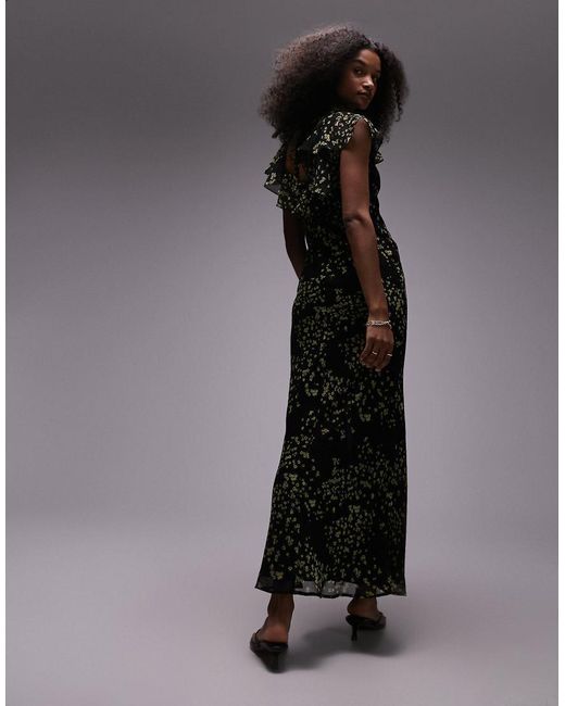 TOPSHOP Black Ruffle Sleeve Maxi Slit Front Occasion Dress