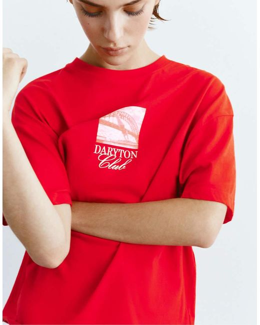 Pull&Bear Red T-shirt With Graphic And Slogan