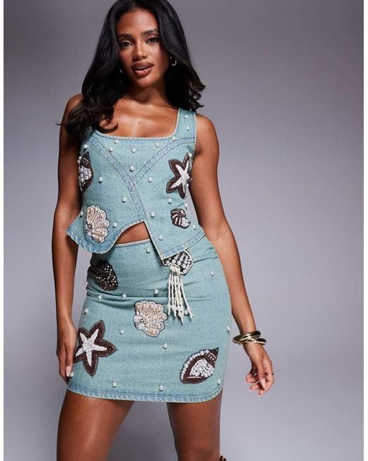 ASOS Blue Co-ord Denim Pearl Embellished Seascape Mini Skirt