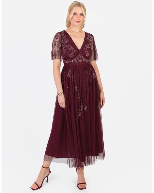 Maya Red Embellished Short Sleeve Open Back Midaxi Dress