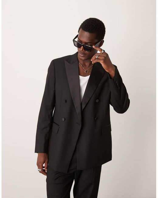 Mango Black Peak Lapel Double Breasted Slim Fit Blazer Co-ord for men
