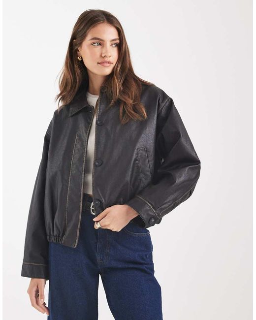 ASOS Blue Vintage Wash Leather Look Bomber Jacket