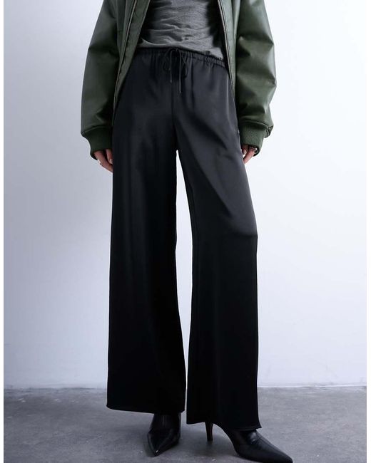 Pantalones Negros De Pernera Ancha Con Lazada En La Cintura De Satén De TOPSHOP de color White