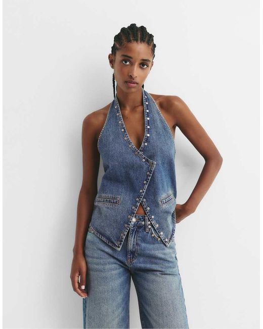 Top Allacciato Al Collo Scuro Con Borchie di Pull&Bear in Blue