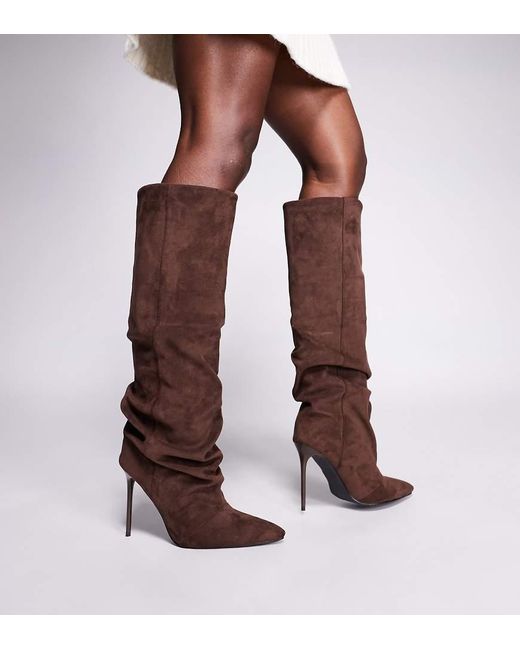 SIMMI Brown Simmi London Wide Fit Cotton Stiletto Heel Ruched Knee Boots
