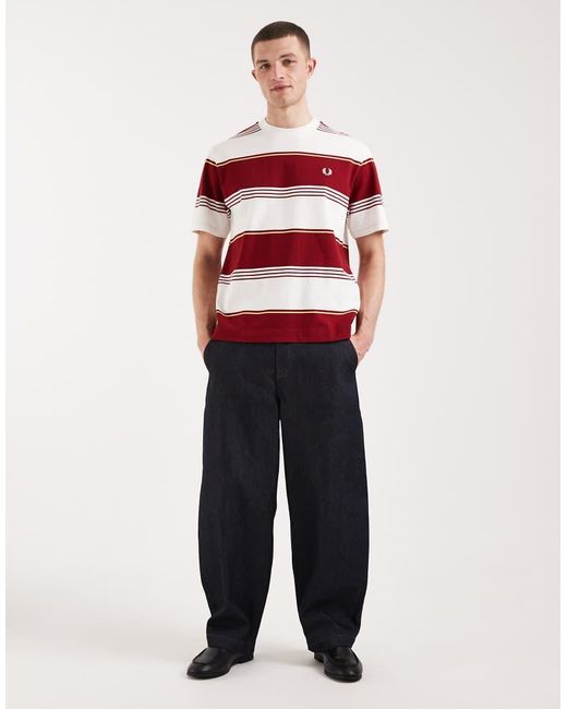Fred Perry Red Heavyweight Striped Logo T-Shirt for men
