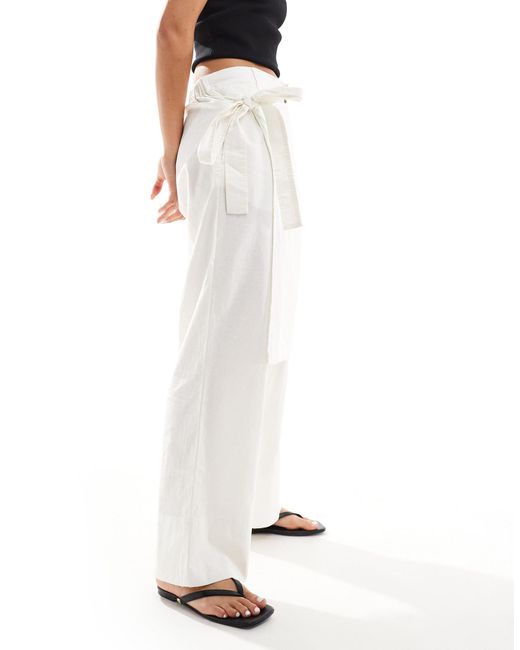 ASOS White Cropped Trouser With Wrap Detail Wth Linen