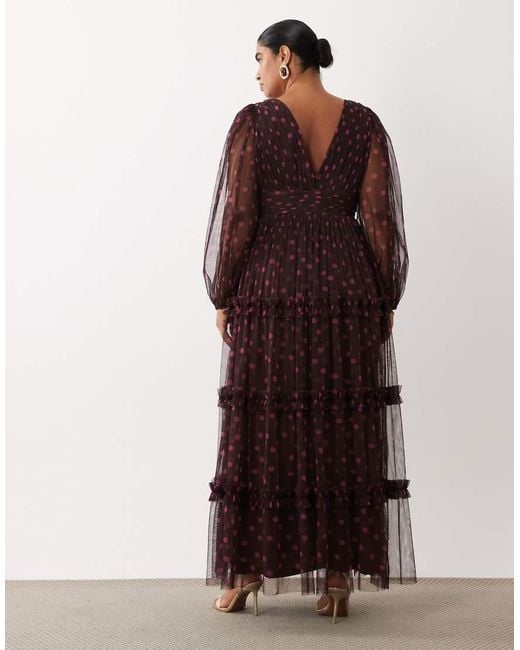 Lace & Beads Plus Tulle Sheer Balloon Sleeve Plunge Neck Tiered Maxi Dress