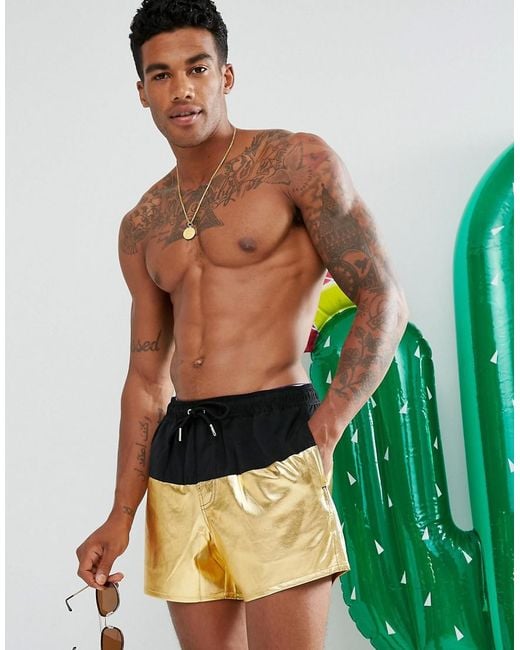 ASOS Swim Shorts With Metallic Gold Panel In Short Length in Green for Men  | Lyst