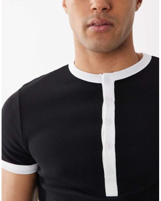 ASOS Blue Muscle Fit T-shirt With Henley Neck And Contrast Detail for men