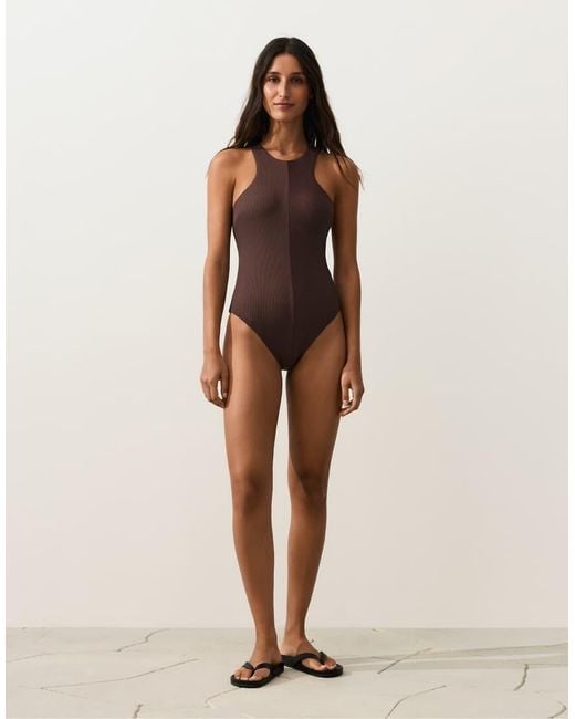 Oysho Brown Rib Halter Swimsuit