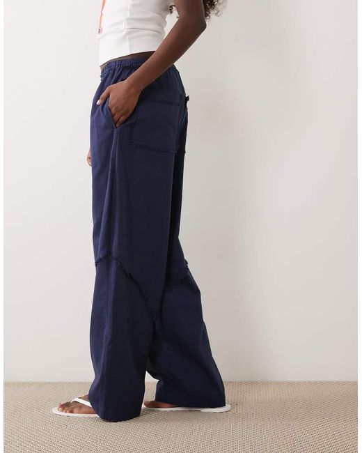 ASOS Blue Linen Blend Pull On Barrel Leg Trousers With Raw Seam Detail