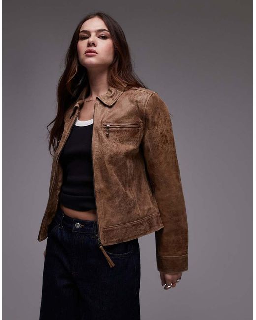 Urbancode Brown Zip Through Fitted Crop Leather Jacket