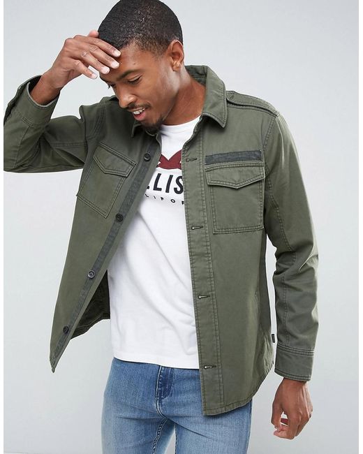 Hollister Green Twill Military Shirt Jacket In Olive for men